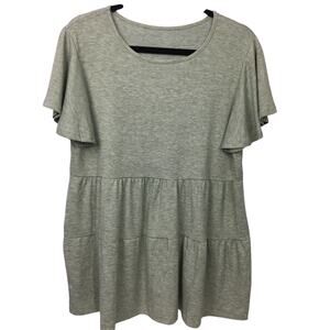 Hibluco Round Neck Flared Short Sleeve Soft Tiered Babydoll Green Tunic Top Sz L